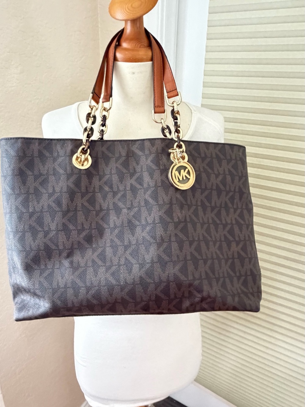 Michael Kors Brown and Tan Signature MK Tote with Gold Hardware